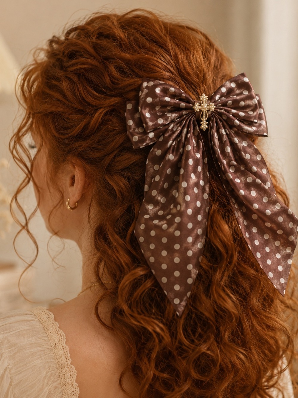 Polka Dot Satin Bow Hair Clip in Brown with Decorative Center